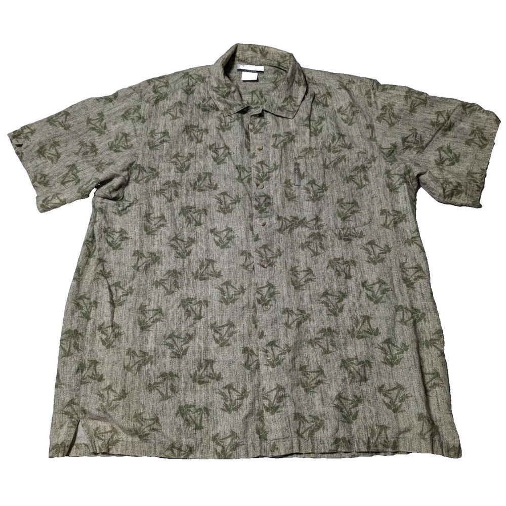 COLUMBIA Men Size 2XL Green LINEN Blend AOP Palm Trees Button-Up Shirt